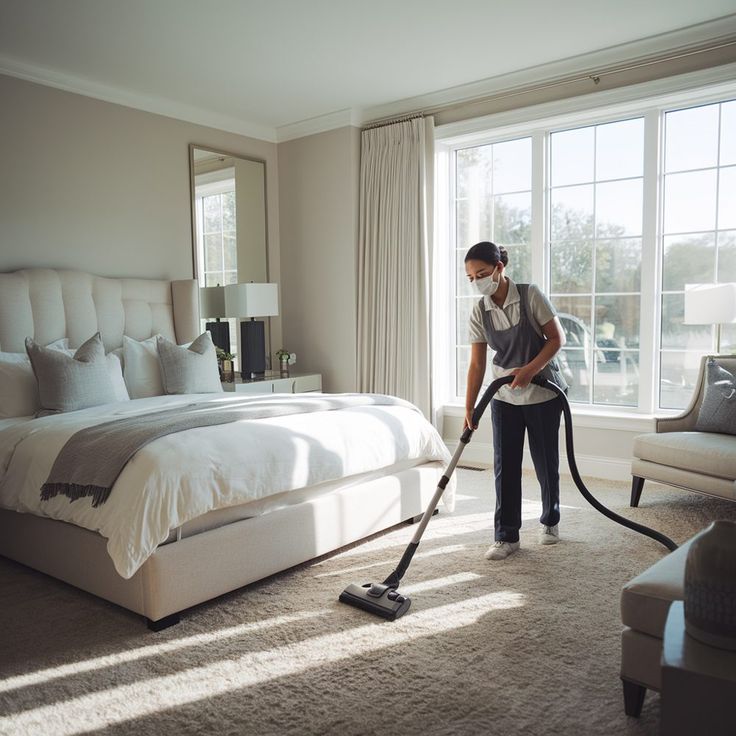 Bedroom vacuumed and staged for the next guest during an Airbnb turnover