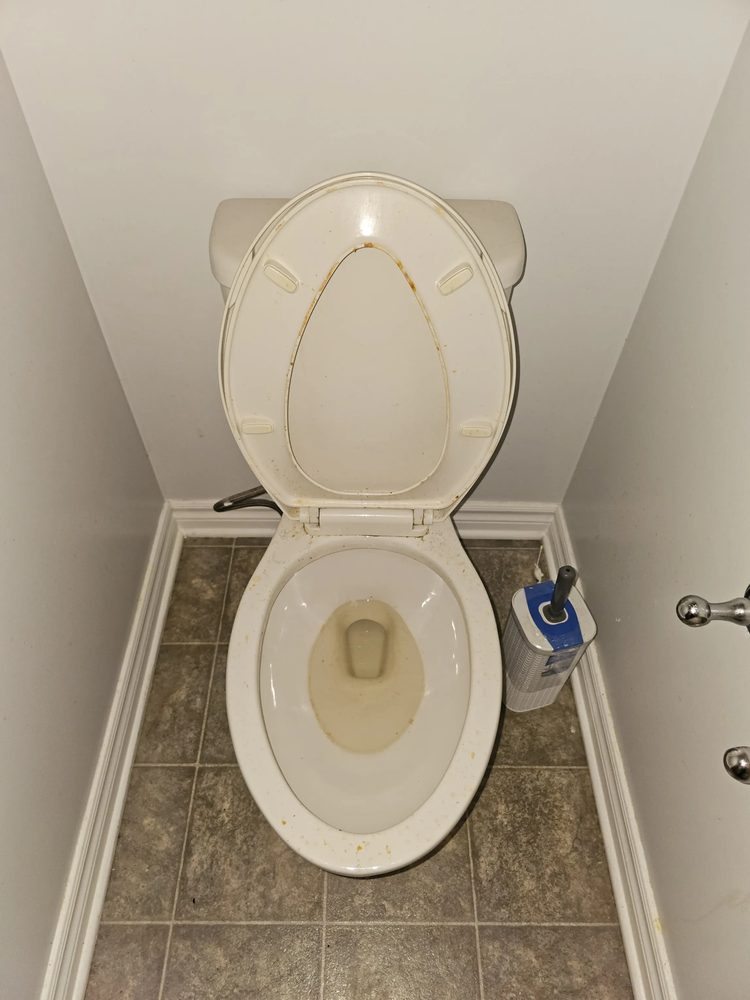Bathroom toilet and floor with visible grime before cleaning