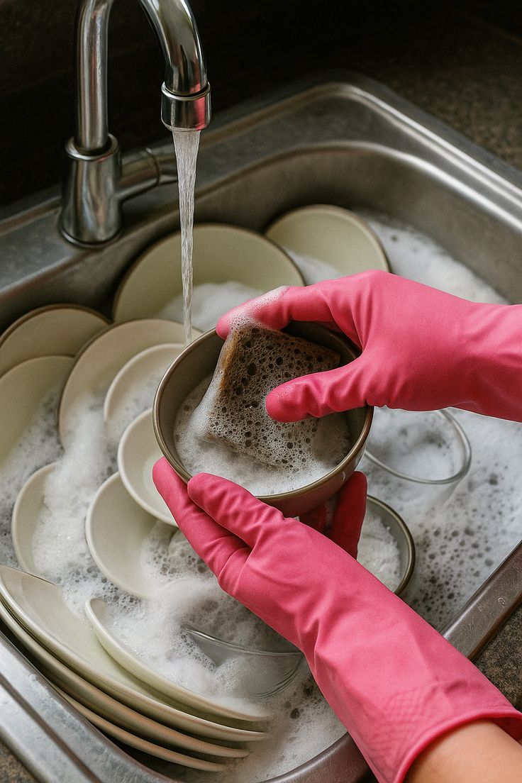Dishes washed by hand as part of a standard cleaning visit