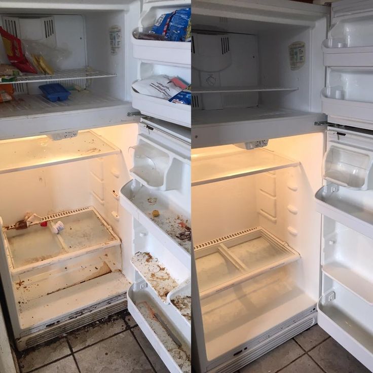 Before and after: a refrigerator interior transformed from grimy to spotless by Magicstick Clean